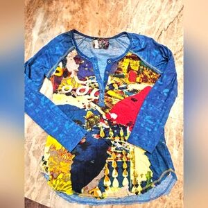 "Peace and Love by Calao Boho Henley Top Women’s L Multicolor Long Sleeve Artsy